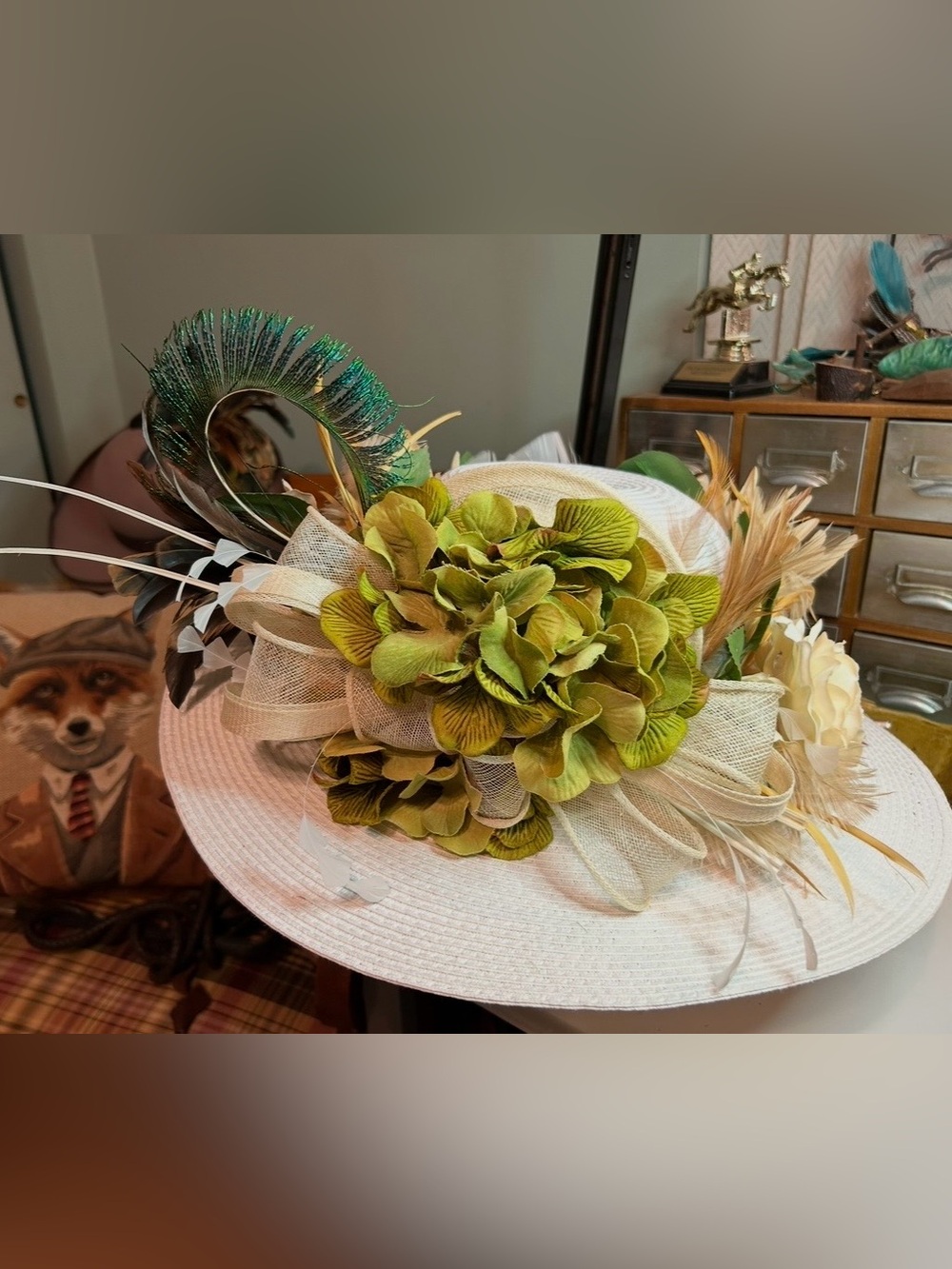 Handmade Kentucky Derby Elegant White Straw Hat with Green Florals & Feathers